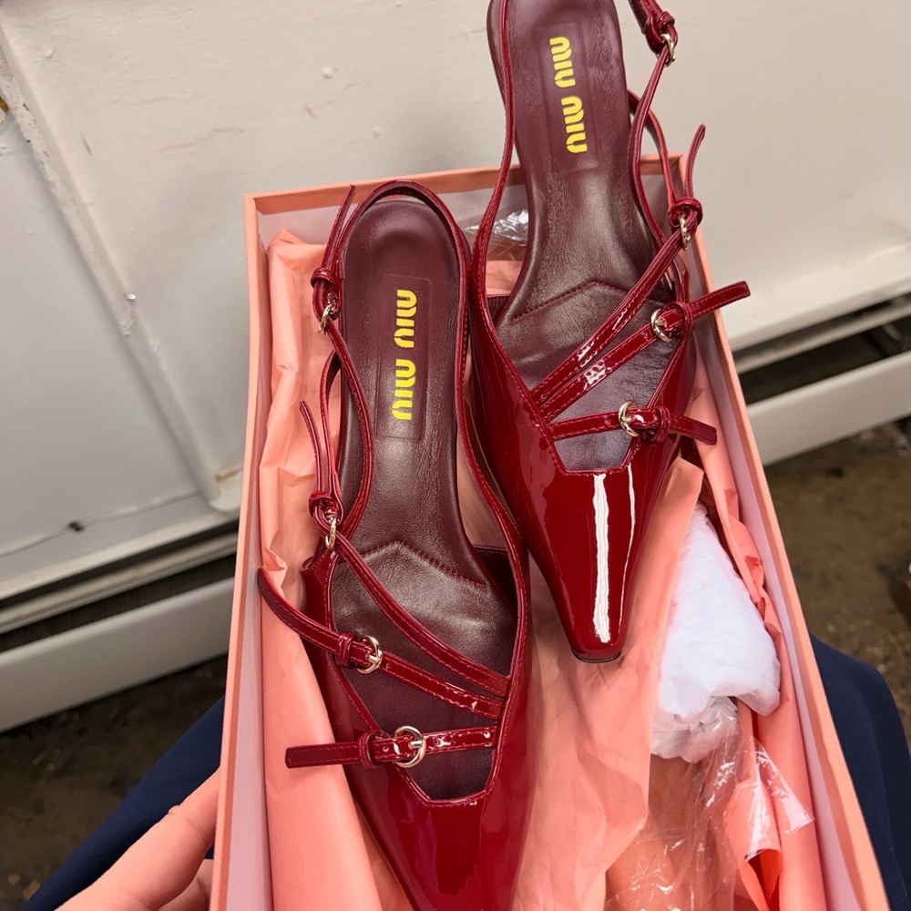 Miu Miu Red Patent Pointed Slingback Pumps with Strappy Buckle Detail